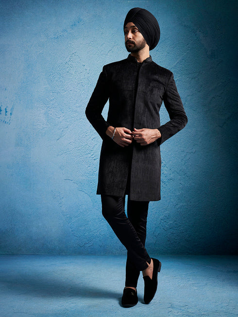 Men's Black Velvet Sherwani Set